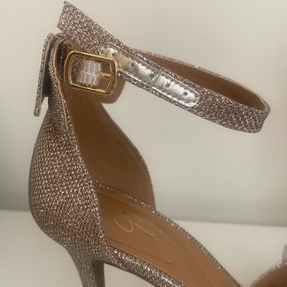 Jessica Simpson Lana High Heels Sz 9 Double Bow Ankle Strap Glittery Gold Pumps - Picture 7 of 15